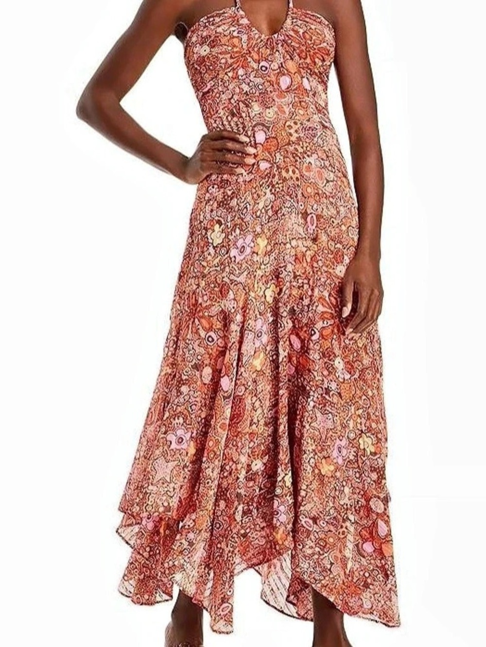 A.L.C. Amina Handkerchief Halter Dress featuring an abstract multicolored floral